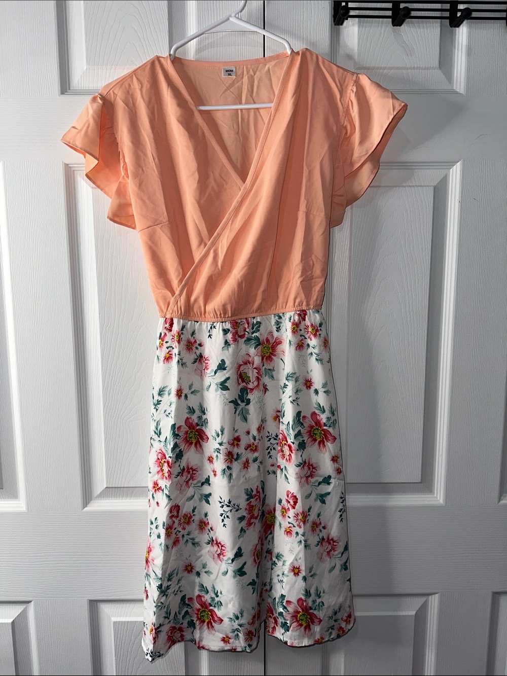Peach Floral Midi Dress with V-Neck and Flutter Sleeves